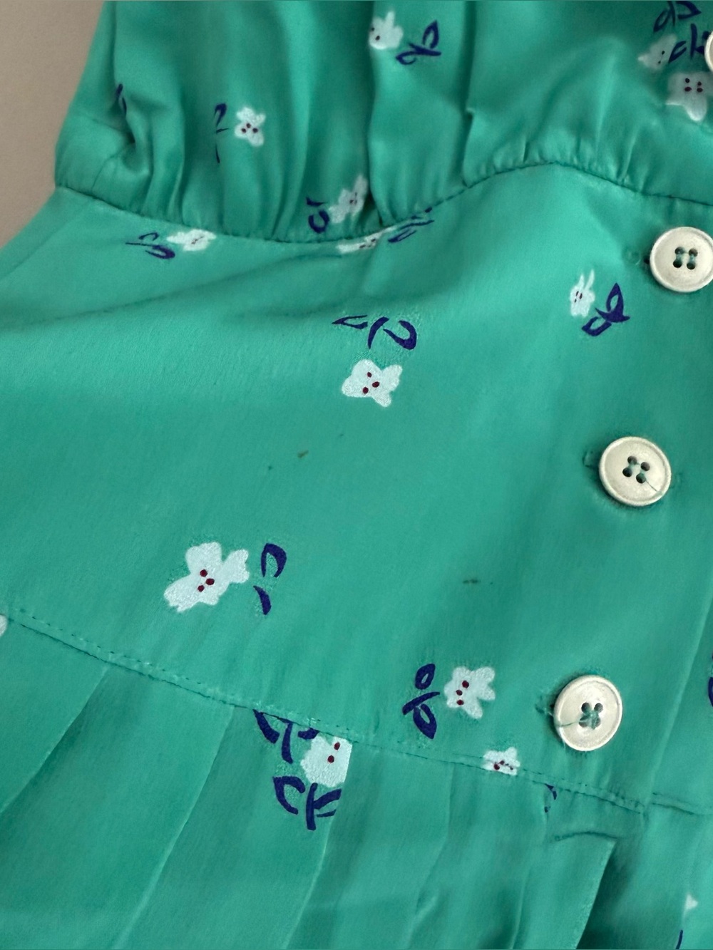 Vintage Silk Teal Floral Midi Pleated Dress with Peter Pan Collar - Picture 7 of 8